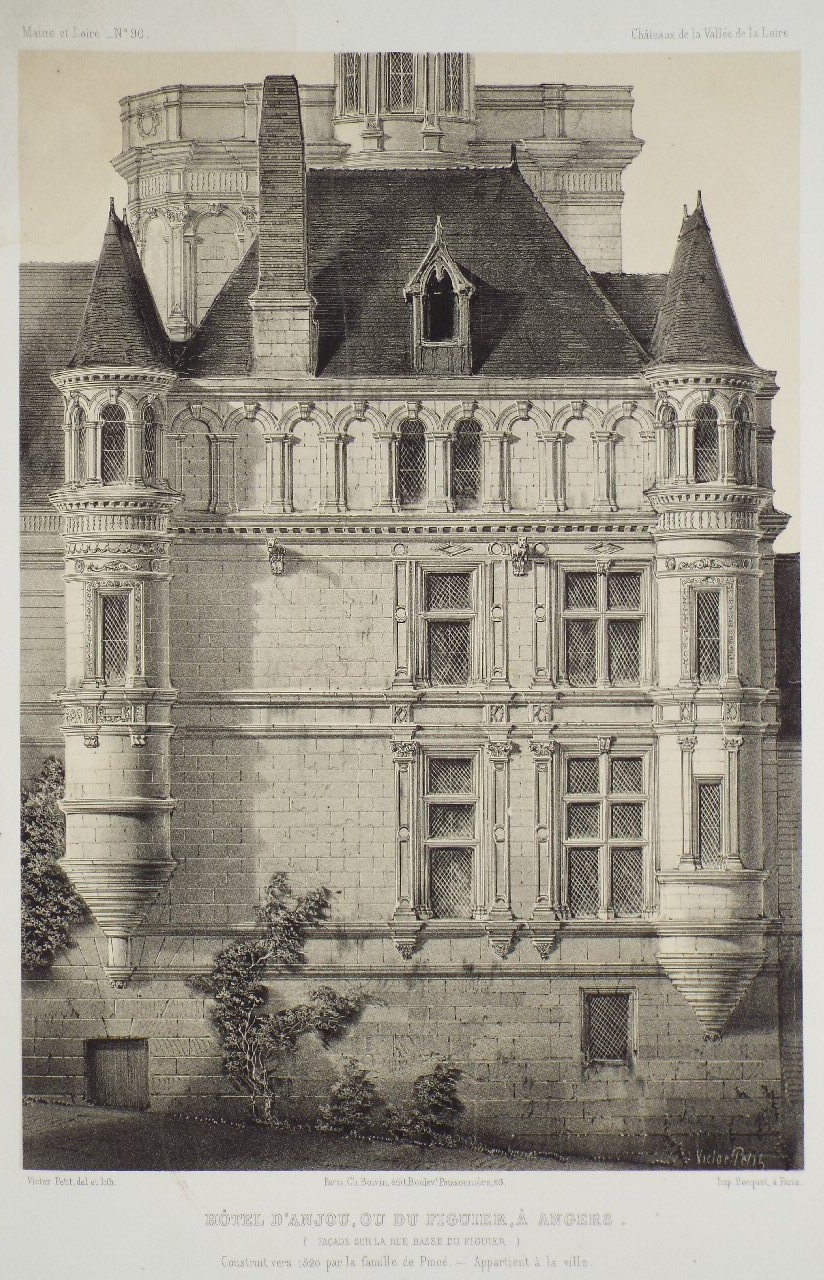 Lithograph - Hotel d'Anjou, ou du Figuier, a Angers. (Facade sur al rue Basse du Figuier.) - Petit
